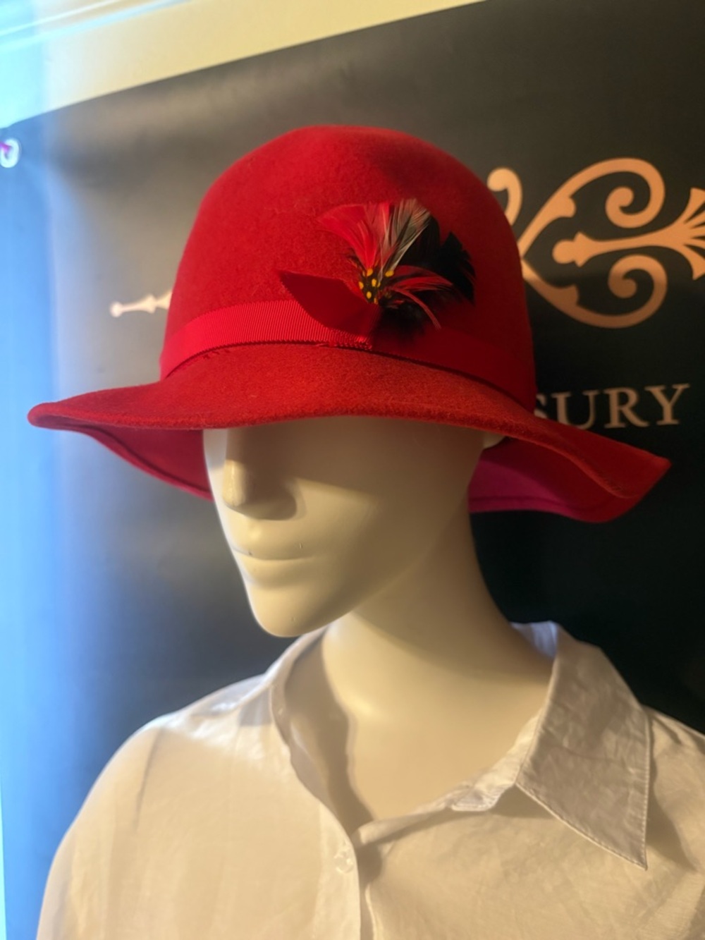 Doe Skin Red Wool Felt Floppy Hat with Feather Trim